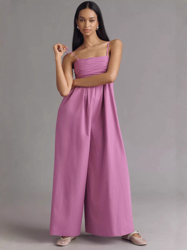 Ολόσωμο jumpsuit από πολυεστέρα, χωρίς μανίκια, ψηλή μέση, φαρδιά παντελόνια, γαλλικό στυλ