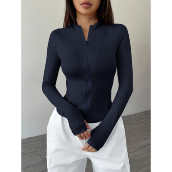 Sieviešu ikdienas jaka ar garām piedurknēm un rāvējslēdzēja apkakli, Slim Fit, bieza Lycra auduma