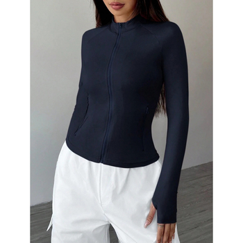 Sieviešu ikdienas jaka ar garām piedurknēm un rāvējslēdzēja apkakli, Slim Fit, bieza Lycra auduma