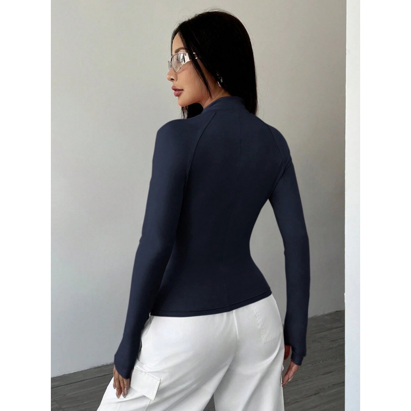 Sieviešu ikdienas jaka ar garām piedurknēm un rāvējslēdzēja apkakli, Slim Fit, bieza Lycra auduma