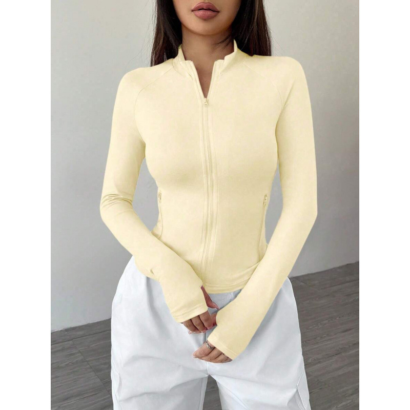 Sieviešu ikdienas jaka ar garām piedurknēm un rāvējslēdzēja apkakli, Slim Fit, bieza Lycra auduma