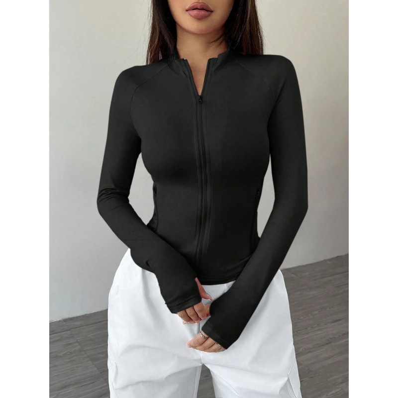 Sieviešu ikdienas jaka ar garām piedurknēm un rāvējslēdzēja apkakli, Slim Fit, bieza Lycra auduma