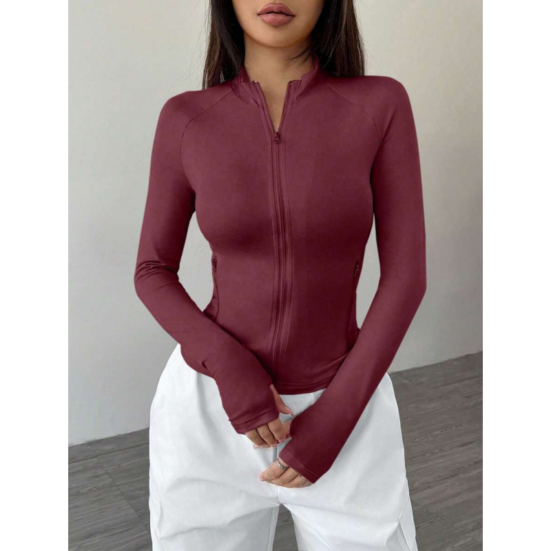 Sieviešu ikdienas jaka ar garām piedurknēm un rāvējslēdzēja apkakli, Slim Fit, bieza Lycra auduma