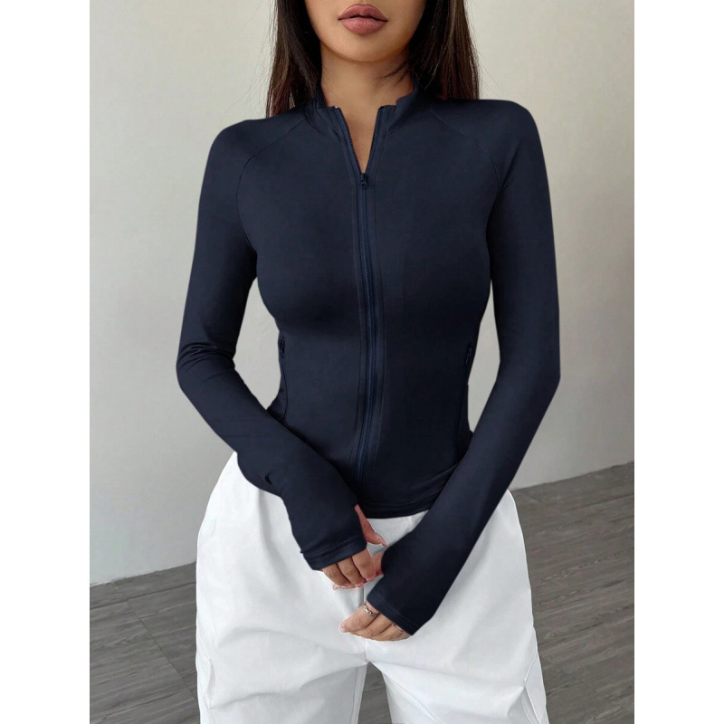 Sieviešu ikdienas jaka ar garām piedurknēm un rāvējslēdzēja apkakli, Slim Fit, bieza Lycra auduma