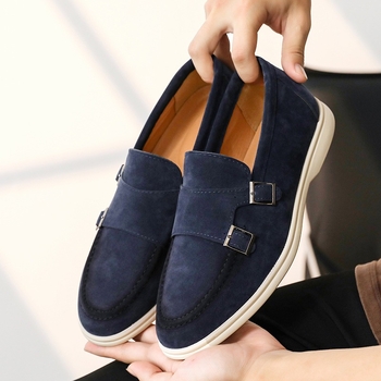 Vīriešu nubuka ādas kurpes ar sprādzi, asi purns, zemā profila, gumijas zole, biznesa stils