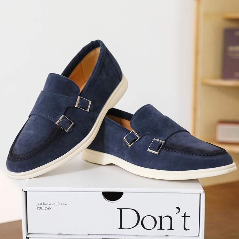 Vīriešu nubuka ādas kurpes ar sprādzi, asi purns, zemā profila, gumijas zole, biznesa stils