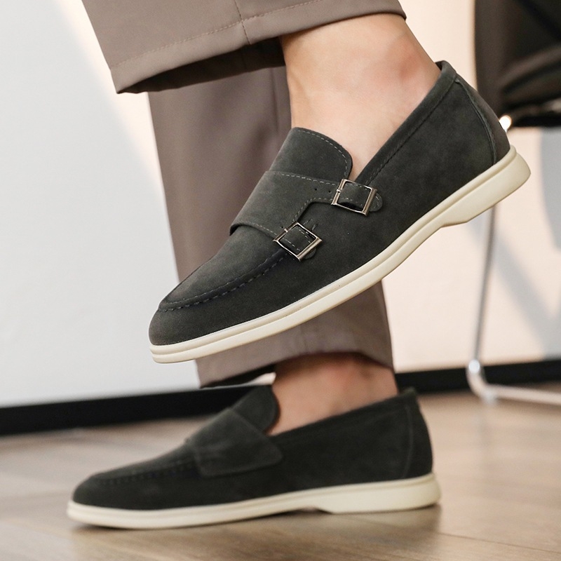 Vīriešu nubuka ādas kurpes ar sprādzi, asi purns, zemā profila, gumijas zole, biznesa stils