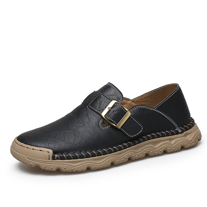 Vyriniai slip-on bateliai iš PU odos, rankų siūtos detalės, grūdėta oda, gumos padas, apvali nosis