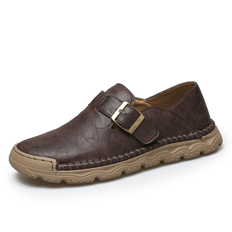 Vyriniai slip-on bateliai iš PU odos, rankų siūtos detalės, grūdėta oda, gumos padas, apvali nosis