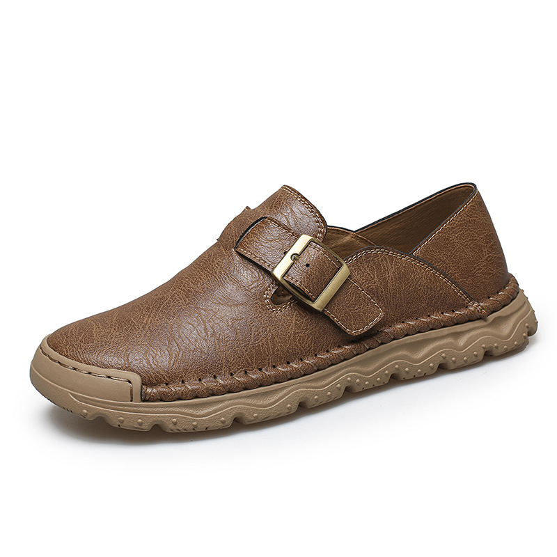 Vyriniai slip-on bateliai iš PU odos, rankų siūtos detalės, grūdėta oda, gumos padas, apvali nosis