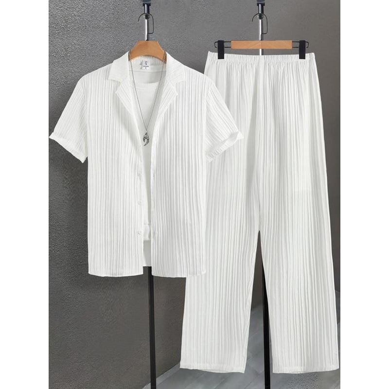 Vyrų pižamų komplektas - paprastas dizainas, patogi laisva kirpimo, trumpomis rankovėmis, pavasaris, 100% medžiaga