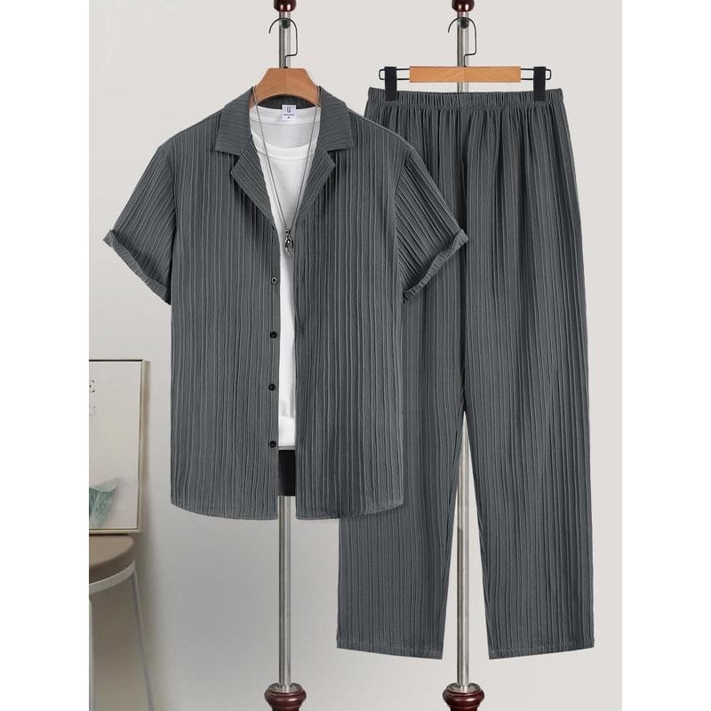 Vyrų pižamų komplektas - paprastas dizainas, patogi laisva kirpimo, trumpomis rankovėmis, pavasaris, 100% medžiaga