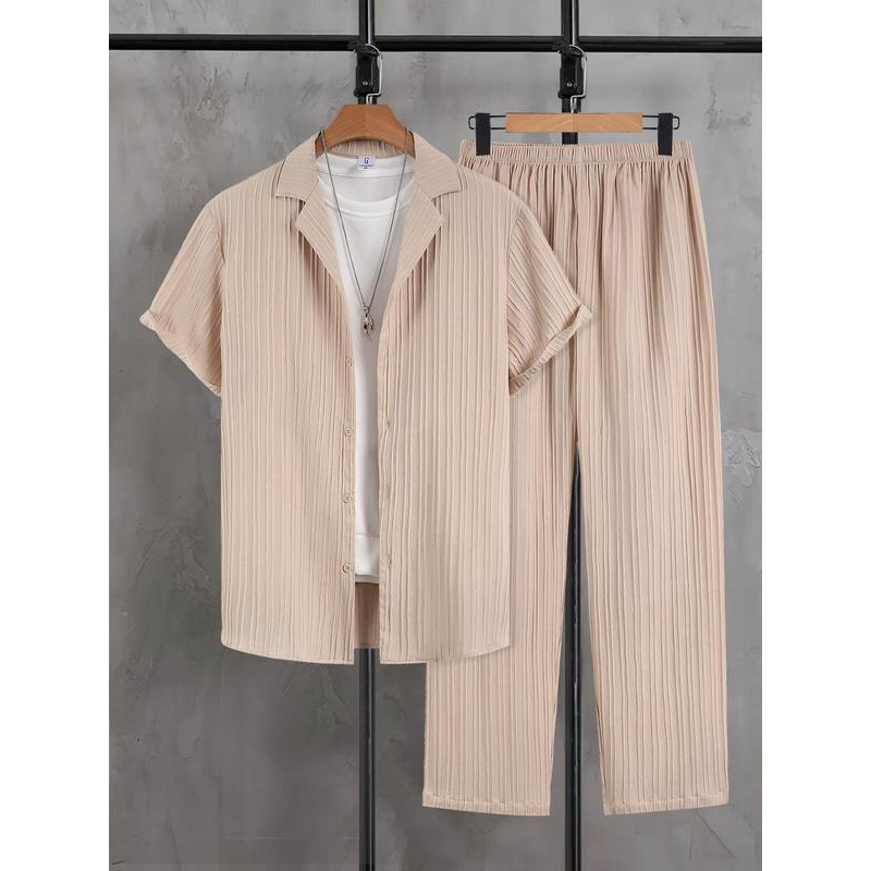 Vyrų pižamų komplektas - paprastas dizainas, patogi laisva kirpimo, trumpomis rankovėmis, pavasaris, 100% medžiaga