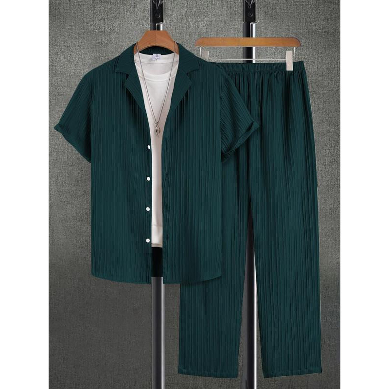 Vyrų pižamų komplektas - paprastas dizainas, patogi laisva kirpimo, trumpomis rankovėmis, pavasaris, 100% medžiaga