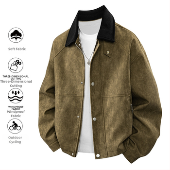 PU ādas jaka vīriešiem, nolaižams apkaklis, vienrindas aizvēršana, brīvs piegriezums, vidējās garuma (65–80 cm)