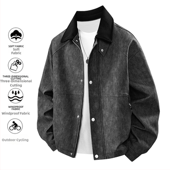 PU ādas jaka vīriešiem, nolaižams apkaklis, vienrindas aizvēršana, brīvs piegriezums, vidējās garuma (65–80 cm)