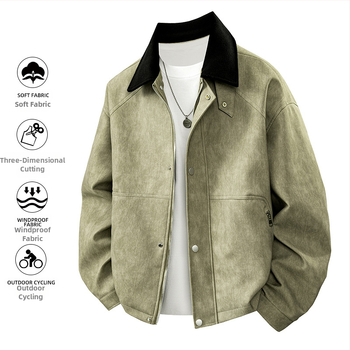 PU ādas jaka vīriešiem, nolaižams apkaklis, vienrindas aizvēršana, brīvs piegriezums, vidējās garuma (65–80 cm)