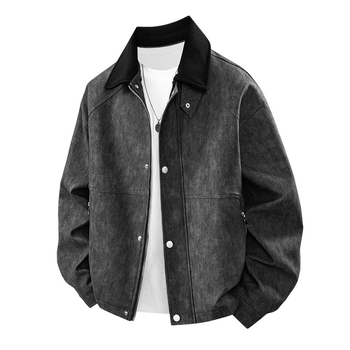 PU ādas jaka vīriešiem, nolaižams apkaklis, vienrindas aizvēršana, brīvs piegriezums, vidējās garuma (65–80 cm)