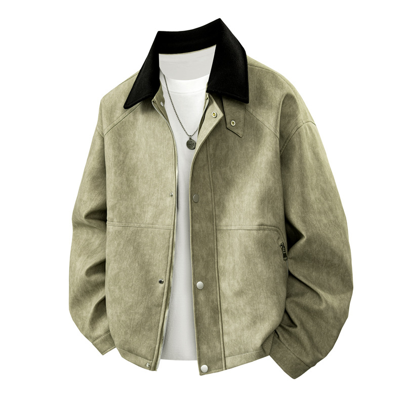 PU ādas jaka vīriešiem, nolaižams apkaklis, vienrindas aizvēršana, brīvs piegriezums, vidējās garuma (65–80 cm)