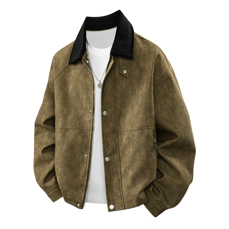 PU ādas jaka vīriešiem, nolaižams apkaklis, vienrindas aizvēršana, brīvs piegriezums, vidējās garuma (65–80 cm)