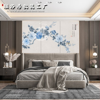 Izšūts sienas panelis - Jauns ķīniešu stila fona sienai ar ainavas rakstu, auduma apdare, dzīvojamajai istabai, guļamistabai, studijai vai ieejai; koka vene panelis pie gultas, kods 001