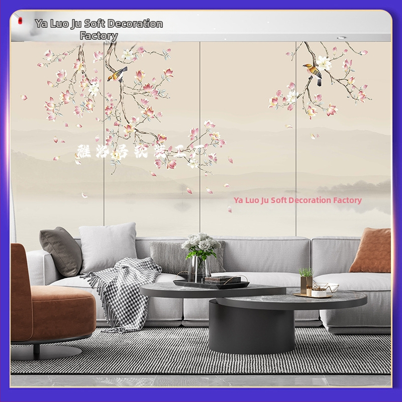 Бродиран стенен панел – Нов китайски стил фонова стена с пейзажен мотив, текстилна облицовка, за дневна, спалня, кабинет или антре; дървен veneer панел за главата на леглото, код 001