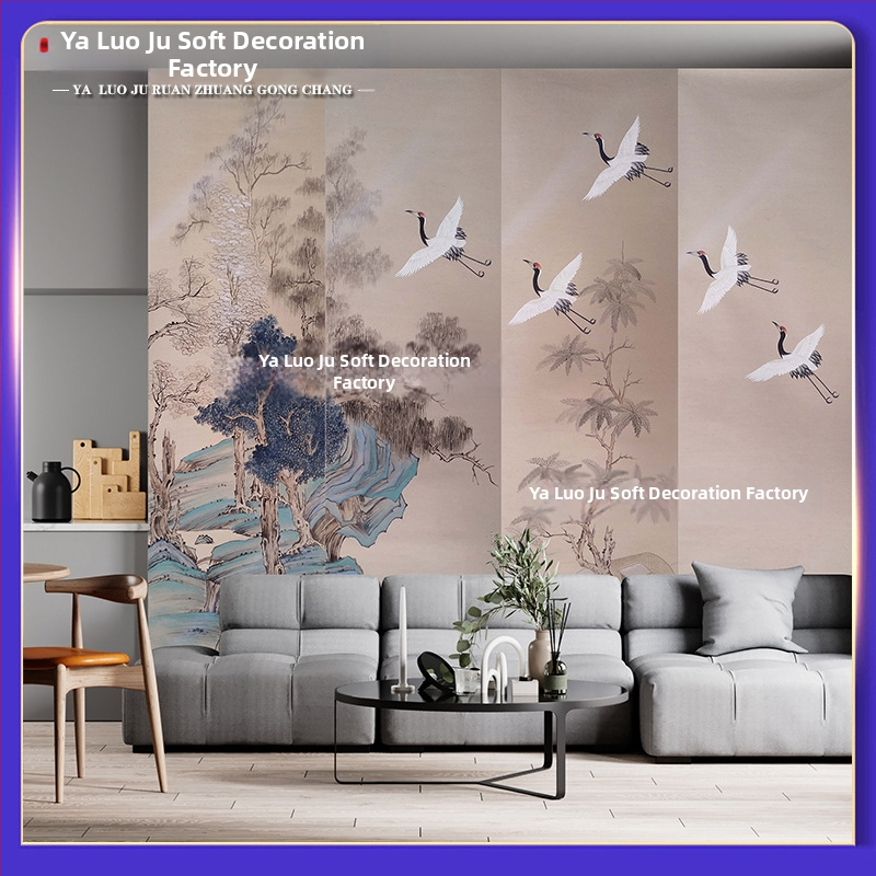 Бродиран стенен панел – Нов китайски стил фонова стена с пейзажен мотив, текстилна облицовка, за дневна, спалня, кабинет или антре; дървен veneer панел за главата на леглото, код 001