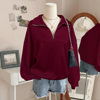 Bluza de fleece din poliester pentru femei, croială lejeră, guler turn-down și fermoar în față, stil casual iarna 2025