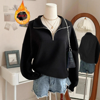 Bluza de fleece din poliester pentru femei, croială lejeră, guler turn-down și fermoar în față, stil casual iarna 2025