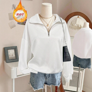 Bluza de fleece din poliester pentru femei, croială lejeră, guler turn-down și fermoar în față, stil casual iarna 2025