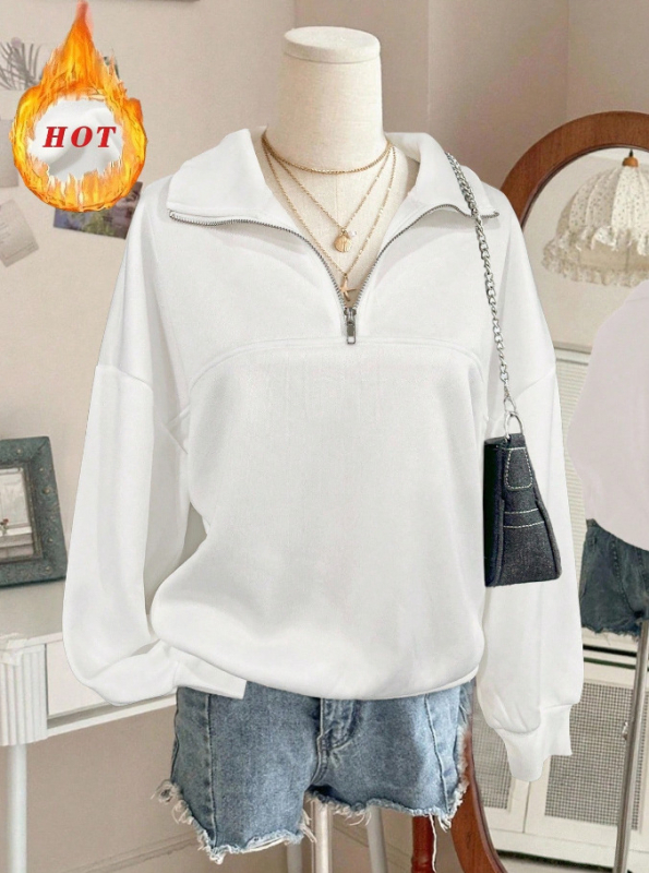 Bluza de fleece din poliester pentru femei, croială lejeră, guler turn-down și fermoar în față, stil casual iarna 2025