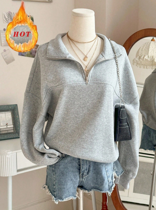 Bluza de fleece din poliester pentru femei, croială lejeră, guler turn-down și fermoar în față, stil casual iarna 2025