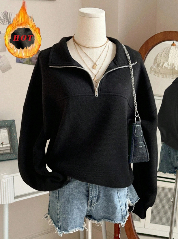 Bluza de fleece din poliester pentru femei, croială lejeră, guler turn-down și fermoar în față, stil casual iarna 2025