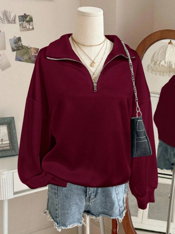 Bluza de fleece din poliester pentru femei, croială lejeră, guler turn-down și fermoar în față, stil casual iarna 2025