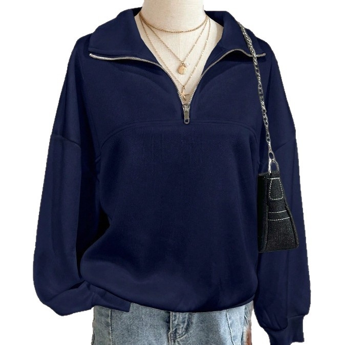 Bluza de fleece din poliester pentru femei, croială lejeră, guler turn-down și fermoar în față, stil casual iarna 2025