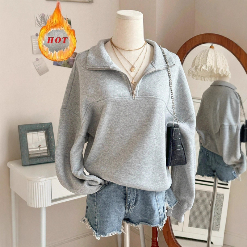 Bluza de fleece din poliester pentru femei, croială lejeră, guler turn-down și fermoar în față, stil casual iarna 2025