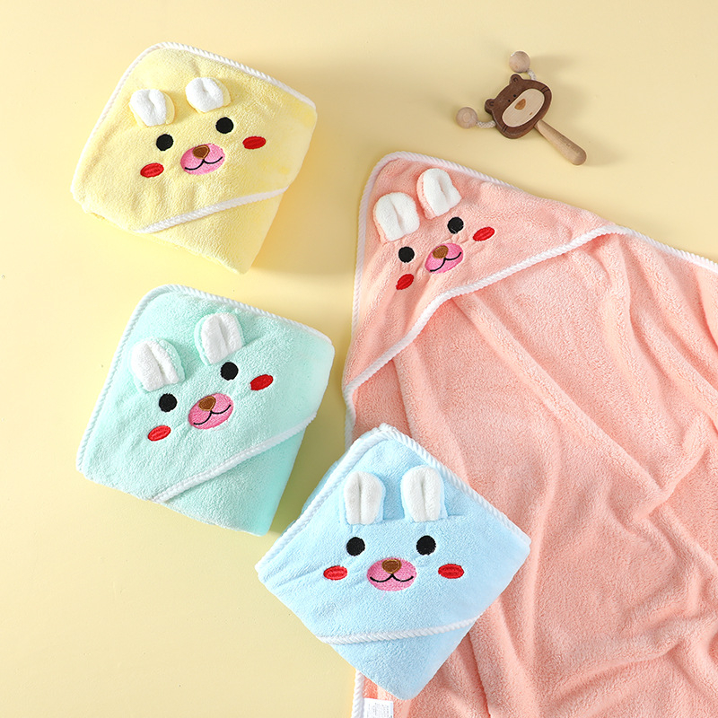 Dječji ručnik za kupanje s kapuljačom, dizajn zeca, upijajući koralni fleece, težina 200–300 g/m², 150D vlakna, izvešena završna obrada
