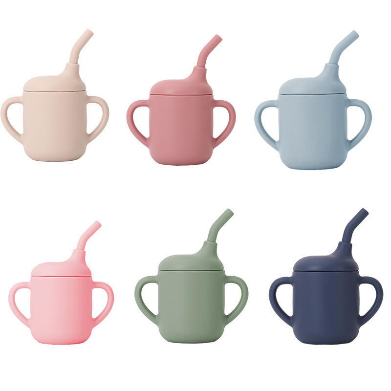 ITLY Silikona bērnu uzkodu krūka ar dubultiem rokturiem, pārnēsājama ar salmiņu mācībām
