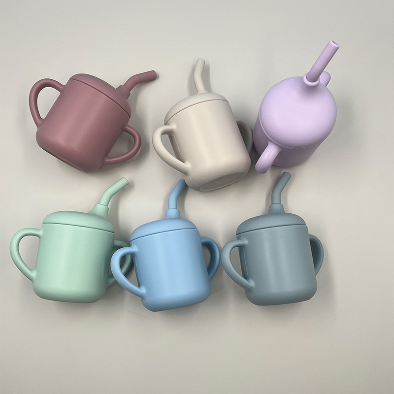 ITLY Silikona bērnu uzkodu krūka ar dubultiem rokturiem, pārnēsājama ar salmiņu mācībām