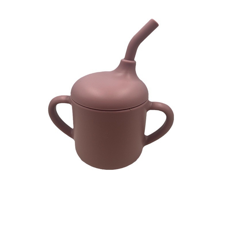 ITLY Silikona bērnu uzkodu krūka ar dubultiem rokturiem, pārnēsājama ar salmiņu mācībām