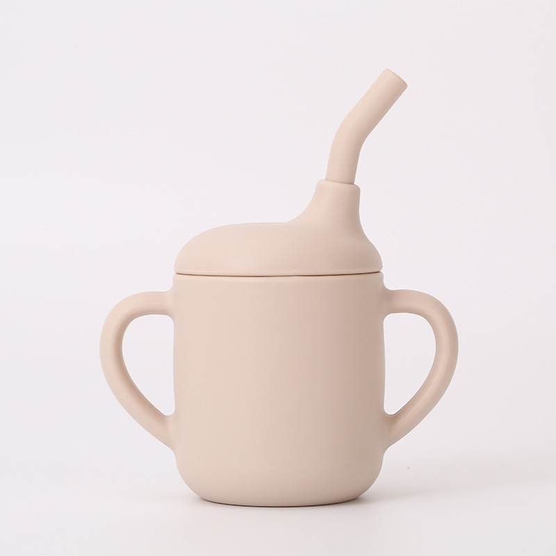 ITLY Silikona bērnu uzkodu krūka ar dubultiem rokturiem, pārnēsājama ar salmiņu mācībām