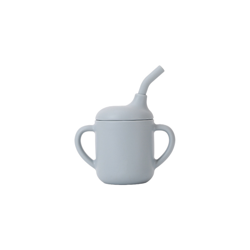 ITLY Silikona bērnu uzkodu krūka ar dubultiem rokturiem, pārnēsājama ar salmiņu mācībām