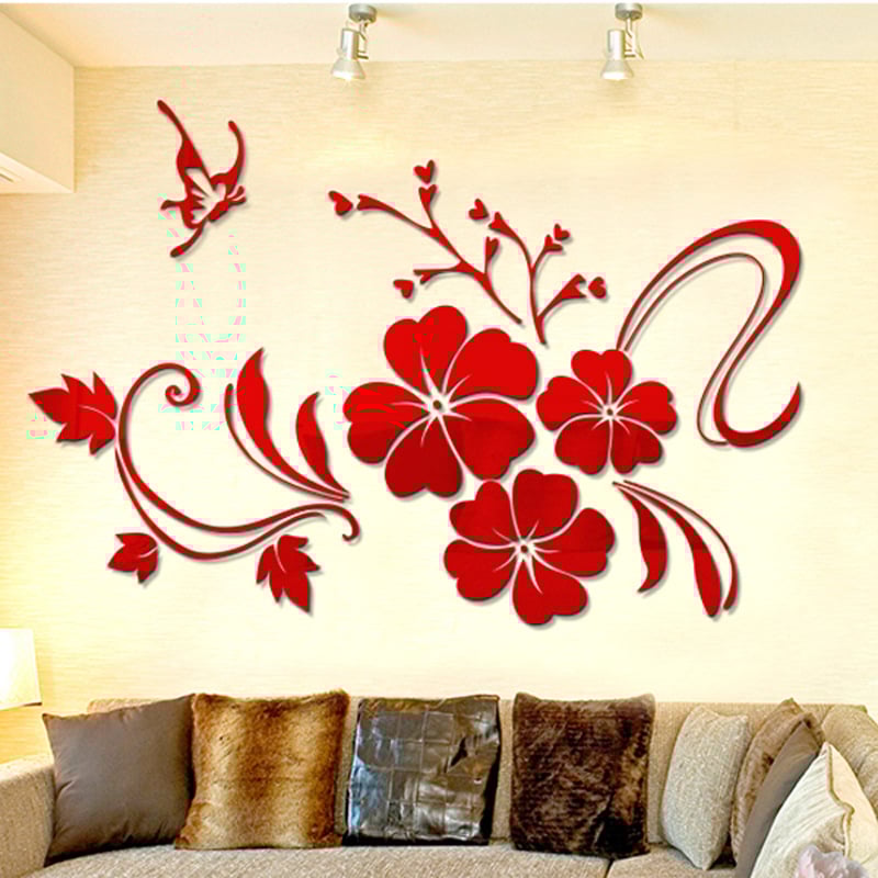 3D akrila sienas uzlīme ar ziedu un vīnoga motīvu, komplektā 5+ gab., jauns ķīniešu stils, spoguļ sienas dekors