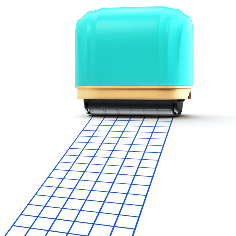 Rulavimo ženklo su keliomis rėmeliais rašymo ir kvadratinei matematikoje užduotims – modelis JXA002, medžiaga plastikas, savybės: rulė, tikslas: įspaudas, grynoji masė 36 g