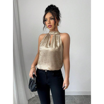 Blūze ar haltervieta kaklu, spīdums, krāsu blokēšana (Lina 51–70%, Četrvirzienu elastība, 3/4 piedurkne, Šaurs piegriezums)