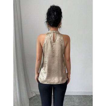 Blūze ar haltervieta kaklu, spīdums, krāsu blokēšana (Lina 51–70%, Četrvirzienu elastība, 3/4 piedurkne, Šaurs piegriezums)