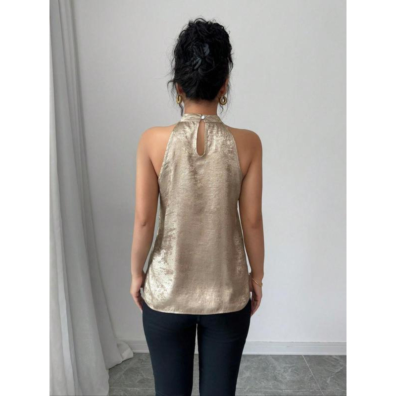 Blūze ar haltervieta kaklu, spīdums, krāsu blokēšana (Lina 51–70%, Četrvirzienu elastība, 3/4 piedurkne, Šaurs piegriezums)