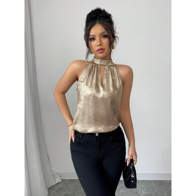 Blūze ar haltervieta kaklu, spīdums, krāsu blokēšana (Lina 51–70%, Četrvirzienu elastība, 3/4 piedurkne, Šaurs piegriezums)