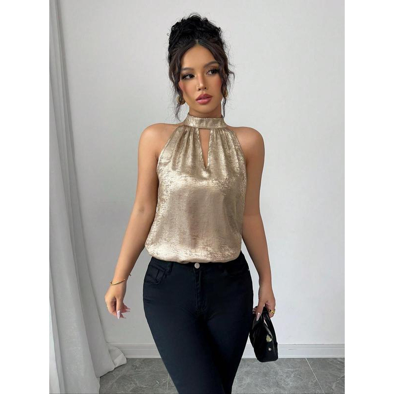 Blūze ar haltervieta kaklu, spīdums, krāsu blokēšana (Lina 51–70%, Četrvirzienu elastība, 3/4 piedurkne, Šaurs piegriezums)