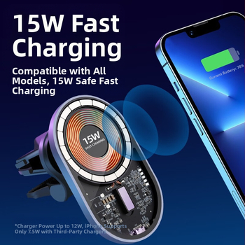 Automobilinis magnetinis belaidis įkroviklis 15W, tvirtinimas prie oro įėjimo ir LED indikatorius